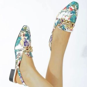 New Women siranhn Tropical Print Chain Decor Square Toe Slingback Flats size 8